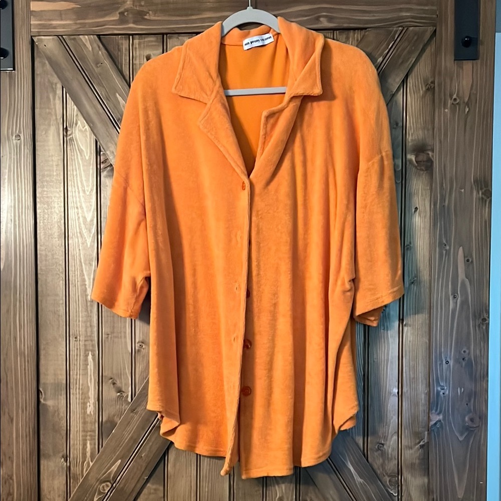 Sun Peony Coconut Orange Terry Oversized Button-Up Shirt